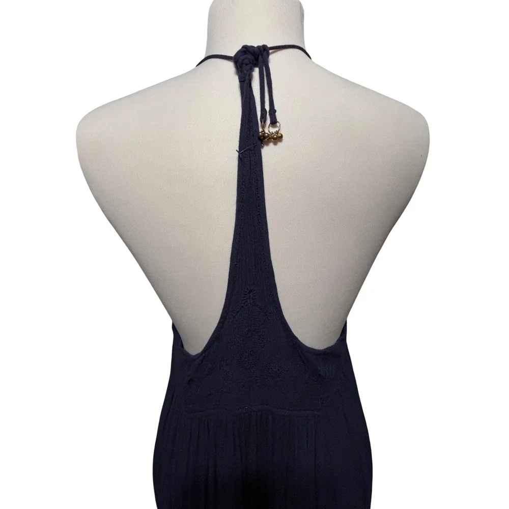 Free People Elaine Maxi Slip Navy Blue‎ Excellent Boho Embroidered T-Back Halter